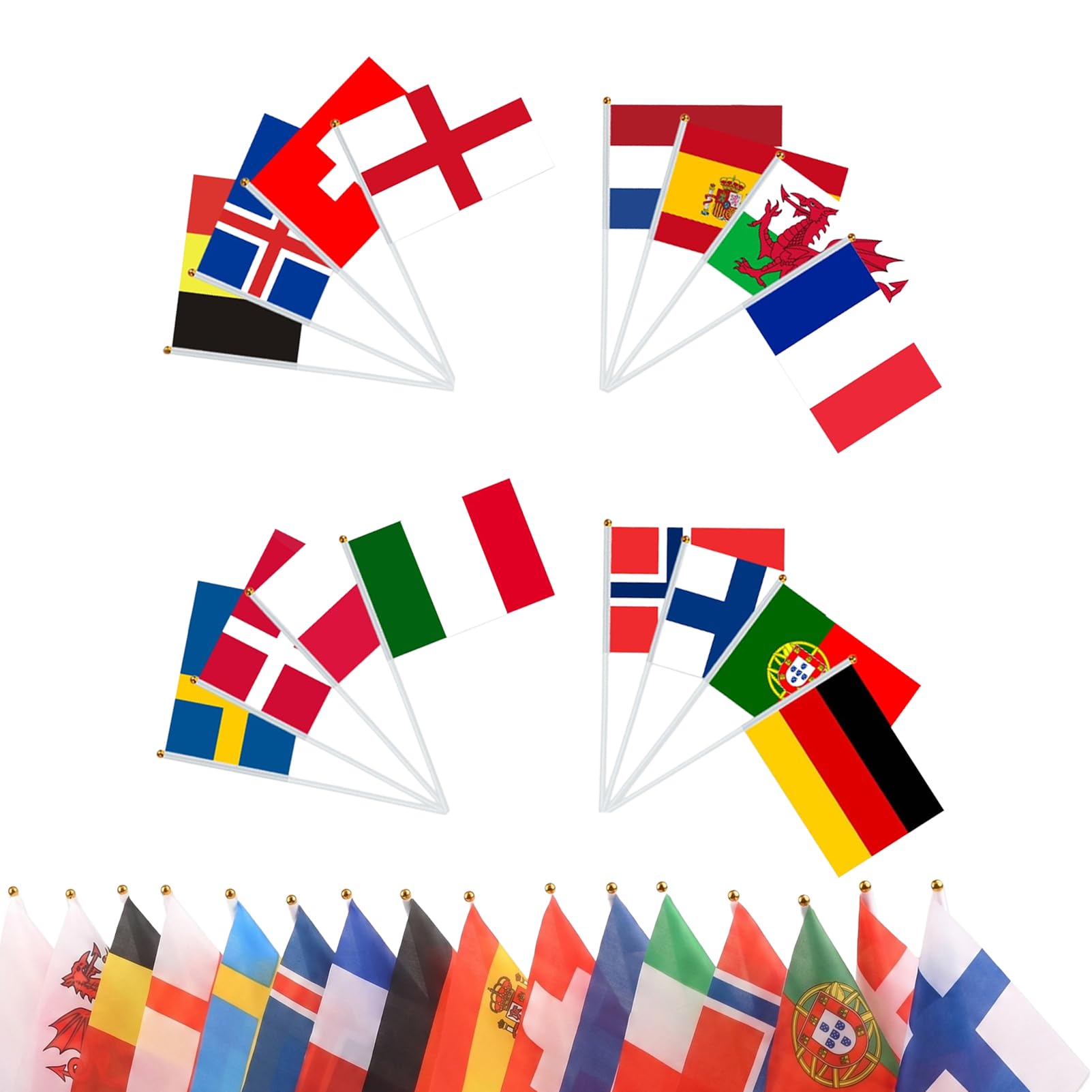 16 Pcs European Flags on Sticks, Handheld Double Sided National Party Flags for Football, Garden, Street Events & International Song Contest Decorations (14x21cm, 30cm Pole) — image 1