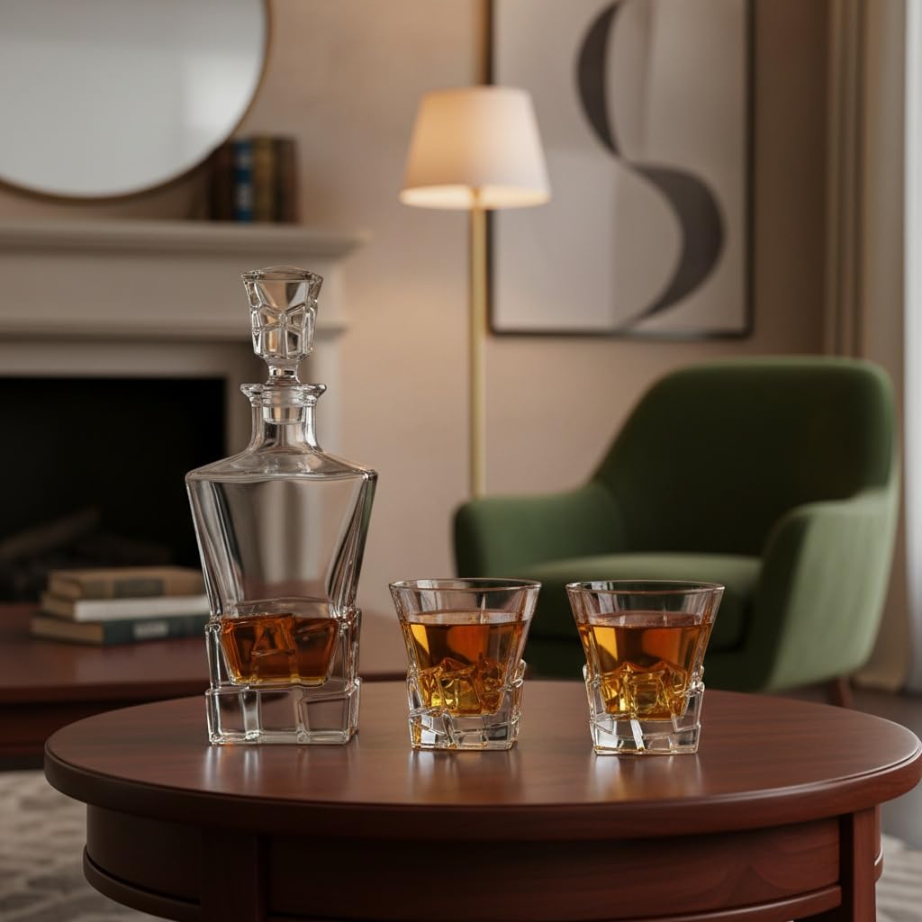 Glasmark Krosno 1992 Decantador con Vasos 3 piezas para Whisky y Licores - Decantador de Vidrio 850 ml y 2 Vasos 240 ml - en Caja de Regalo Negra - Diseño con Carácter