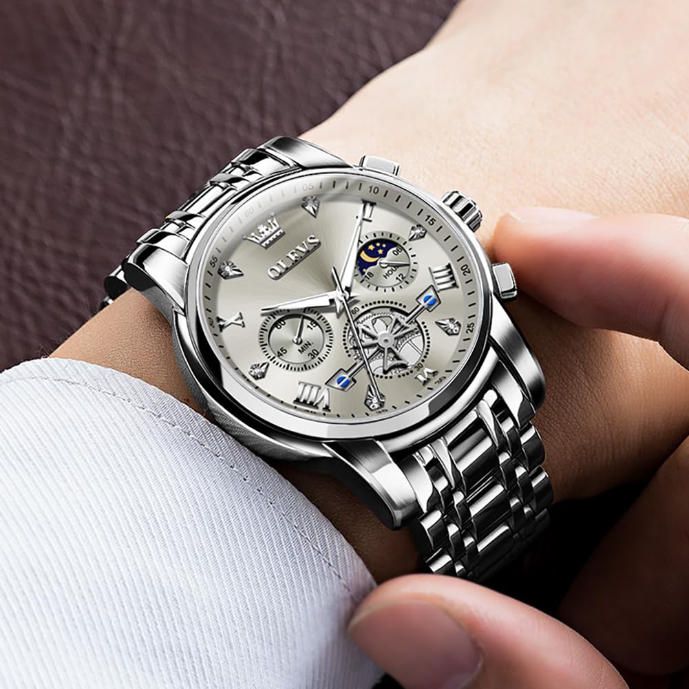 OLEVS Large Grey Dial Watches for Men Sliver Stainless Steel Strap Mens Watches Chronograph Watch Male Waterproof Analog Quartz Men Wrist Watch Relojes para Hombre Diamond Luxury