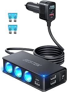BESTEK 9 in 1 Car Charger Adapter,148W 3-Socket Cigarette Lighter Splitter with PD 30W*1/QC3.0 18W*4 Charging (2.8FT Cable), LED Display Super Fast Charger for 12V/24V
