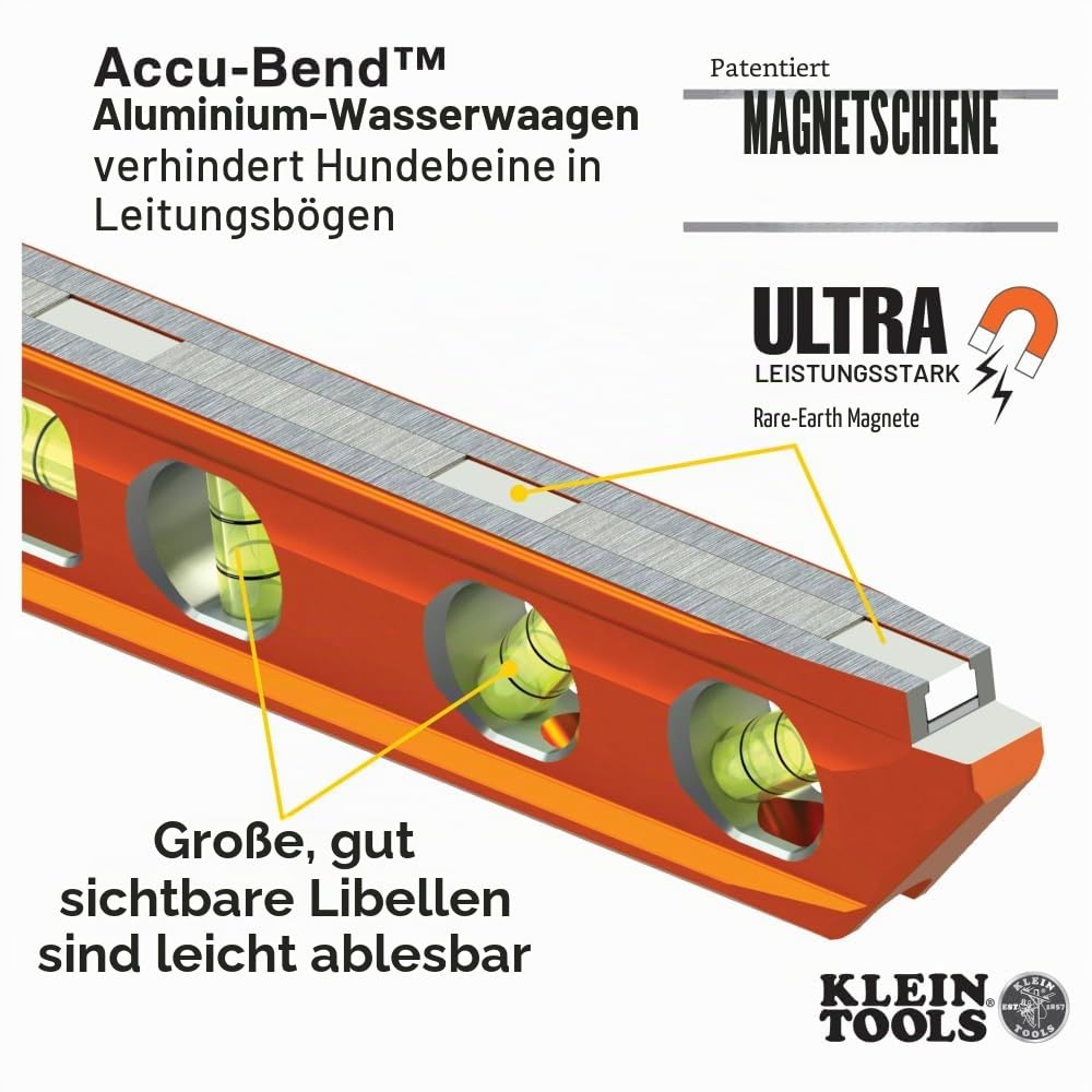 Torpedo Wasserwaage, magnetisch, 4 Libellen für Rohrbiegen & mehr, mit V-Nut & Magnetschiene Klein Tools 935AB4V