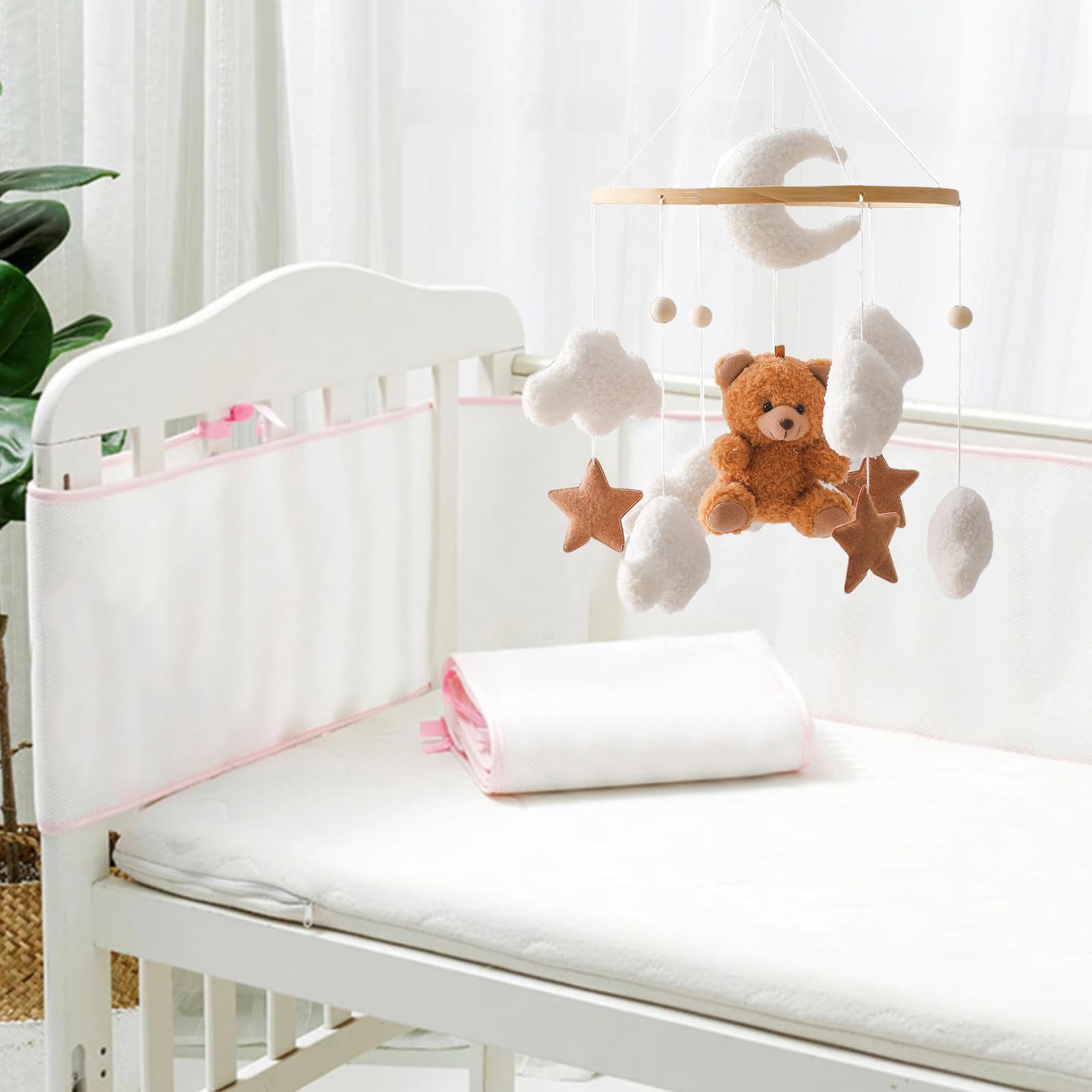 Mobile Baby Windspiele, Babybett Mobile 3D Bär Hase Kaninchen Wolken, Kinderzimmer Hängende Bettglocke, Neugeborenen Geschenk für Baby Jungen und Mädchen (Braun Bär)