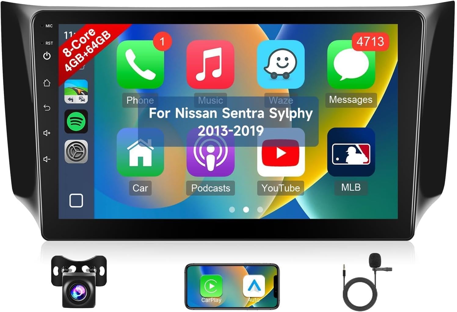 Upgrade 4+64GB Car Radio for Nissan Sentra Sylphy 2013-2019 with Wireless Carplay Android Auto, Android 13 10.1Inch Touch Screen for Nissan Sentra Stereo with Bluetooth, WiFi, GPS + Camera