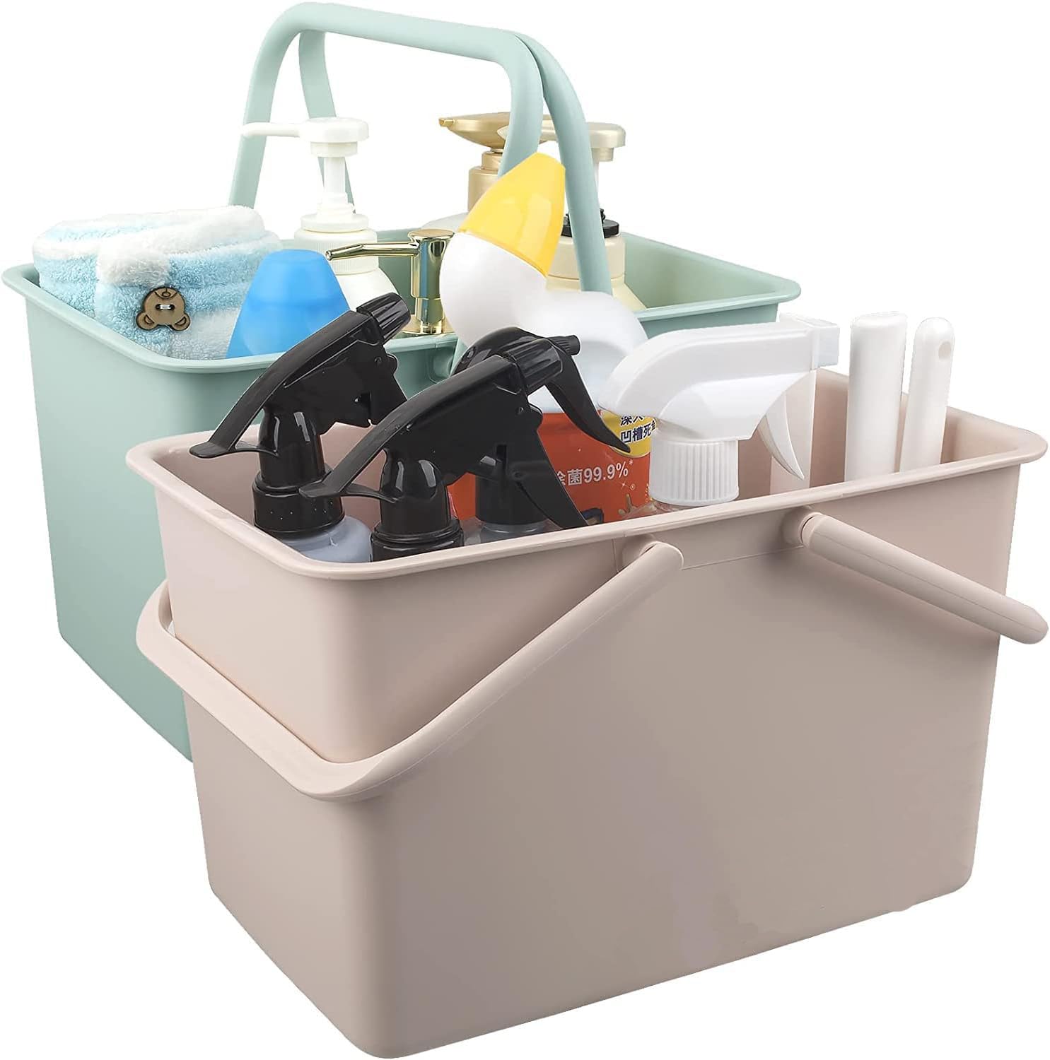 EETU 2 Pack Portable Plastic Shower Caddy Storage Organizer Basket,Cleaning Supplies Caddy,Plastic Storage Caddy Basket with Handle for College,Dorm,Bathroom,Garden,Cleaning Supplies (Pink+Green)