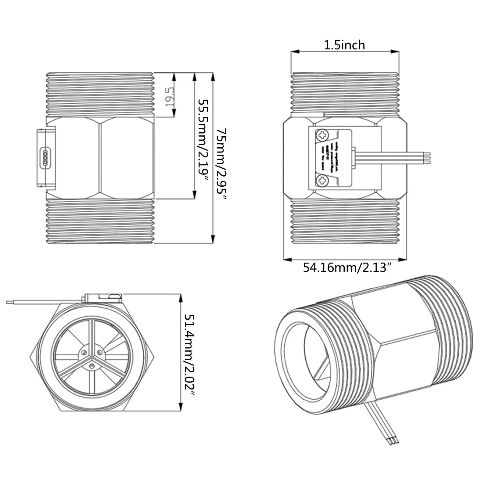 Hall Effect - Contatore del sensore di flusso dell'acqua liquida da 1,5", in acciaio inox DN40, misuratore di flusso della turbina, 5 – 150 l/min