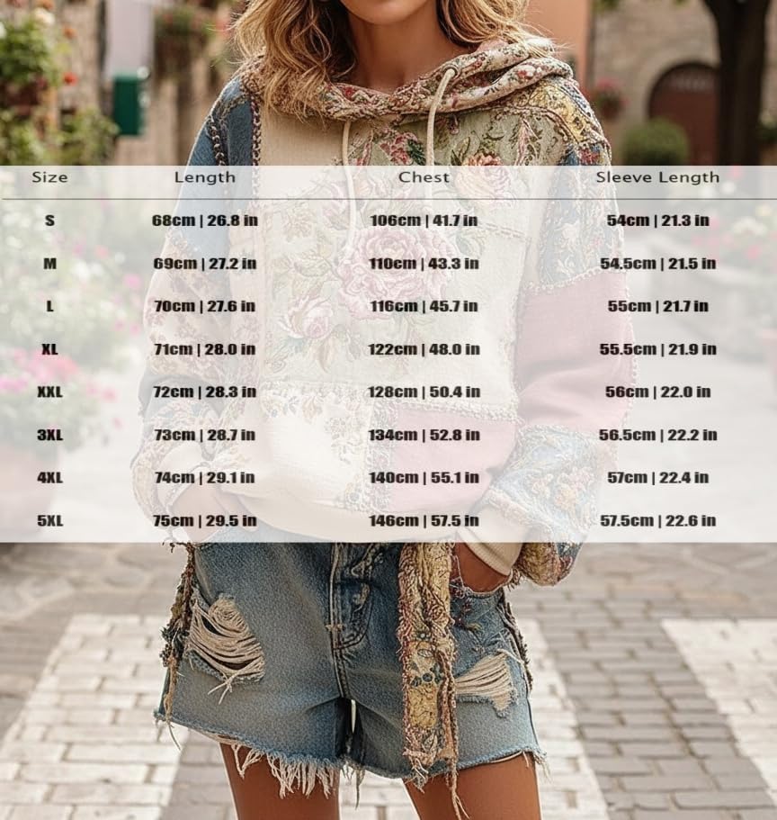 Akivide Women's Cute Boho Floral Patchwork Hoodies Oversized Vintage Graphic Long Sleeve Pullover Hooded Sweatshirt Top - Image 3