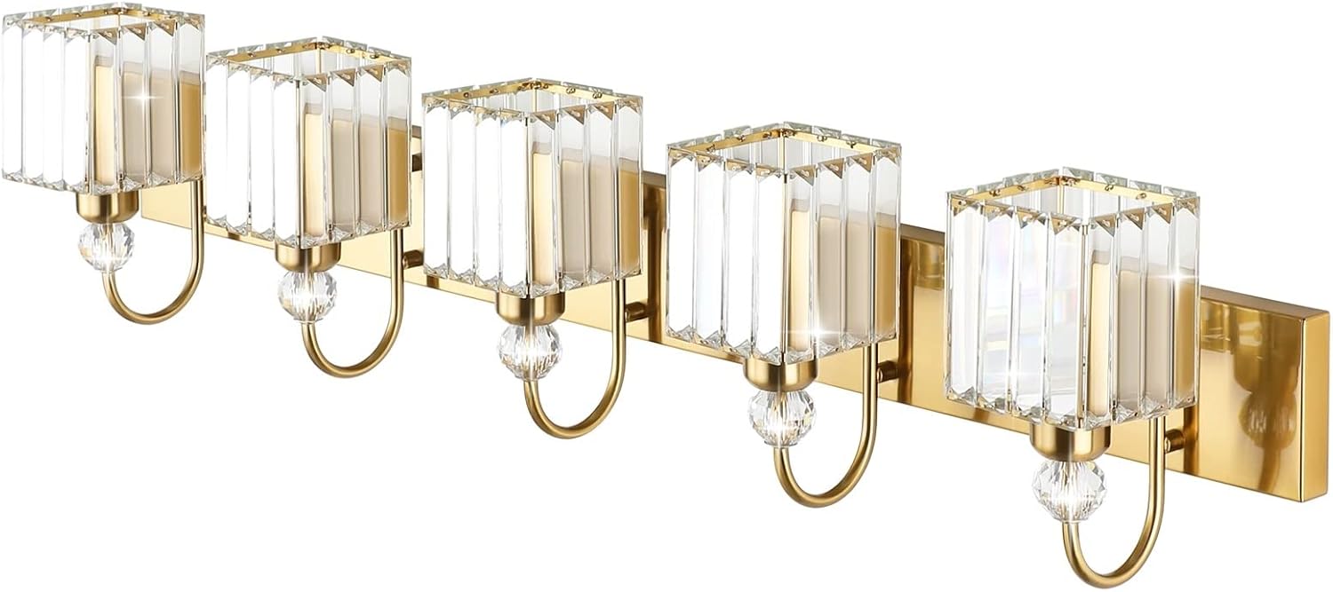 Ralbay Gold Crystal 5-Light Bathroom Vanity Lights Over Mirror Modern Crystal Gold Bathroom Vanity Lighting