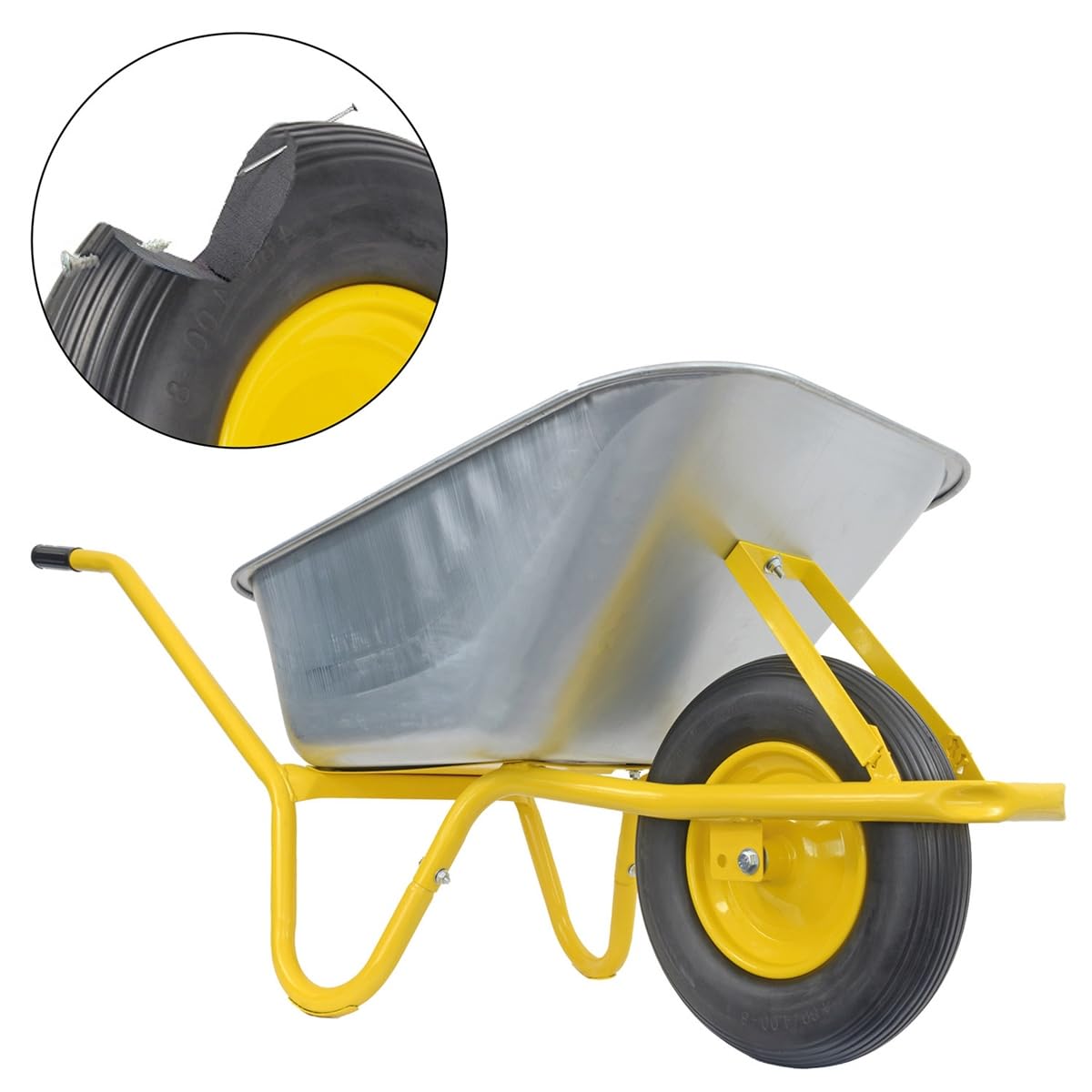 Matrix Schubkarre Profi 100l Liter 250 kg mit zusätzlichem Bodenblech pannensichers PU-Rad Schubkarren groß Garten Scheibtruhe Bauschubkarre | Mulde verzinkt | Metall Felge mit Kugellager | Farbe gelb