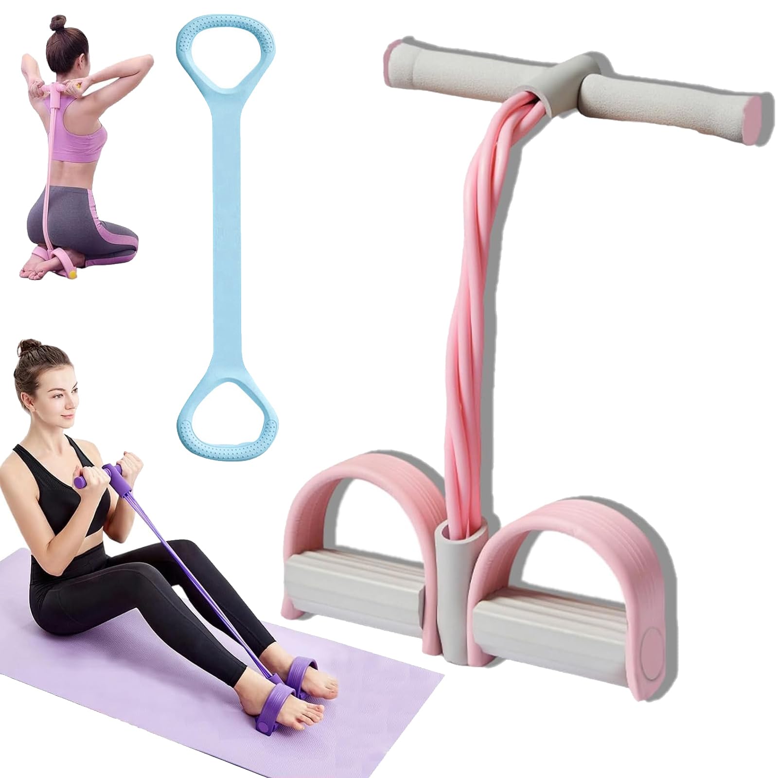 21 Fitness Resistance Bands-4 Tube Pedal Ankle Puller, 6 Tubes Pedal Resistance Band with Handle, Latex Elastic Pull Rope for Abdomen/Waist/Arm/Leg Stretching Slimming (Pink, 4 Tube)