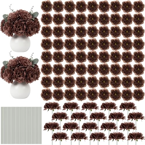 Suncalla 100 Pcs Artificial Peonies Flowers with Wire Branch 5.5 Inches Brown Faux Peony Bulk Silk Realistic Blooming Fake Flower for Bridal Bouquets DIY Craft Wedding Party Vase Home Decor