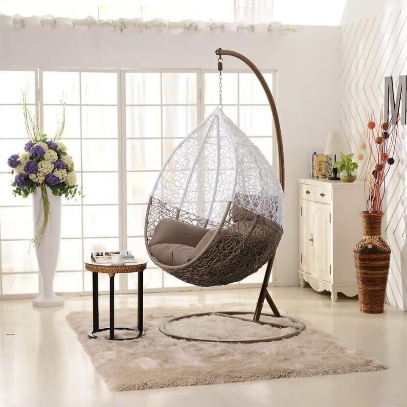Image of Single Seater Swing Chair with Stand & Cushion Outdoor Indoor Balcony Garden Patio, Powder Coated Frame, UV-Protected Wicker, Premium Cushion, Swing Chair (Brown-Cream)