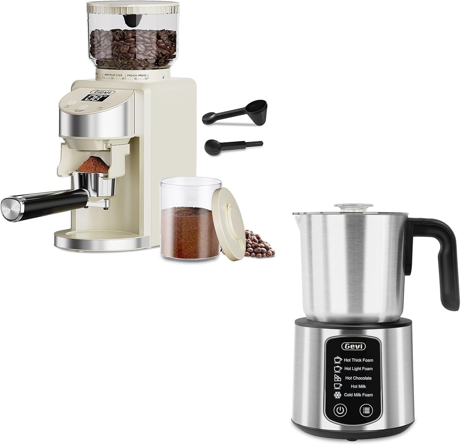 Gevi Hot Chocolate Maker with 5 in 1 Milk Frother and Steamer and Gevi Conical Burr Coffee Grinder