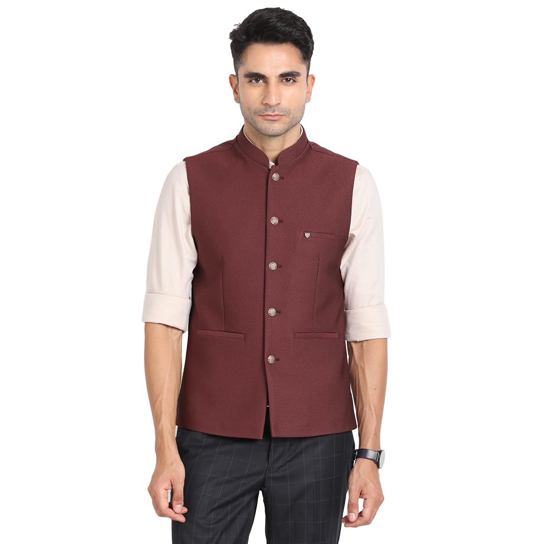 turtle Men Terry Rayon Dobby Print Slim Fit Maroon Nehru Jacket-picture-47