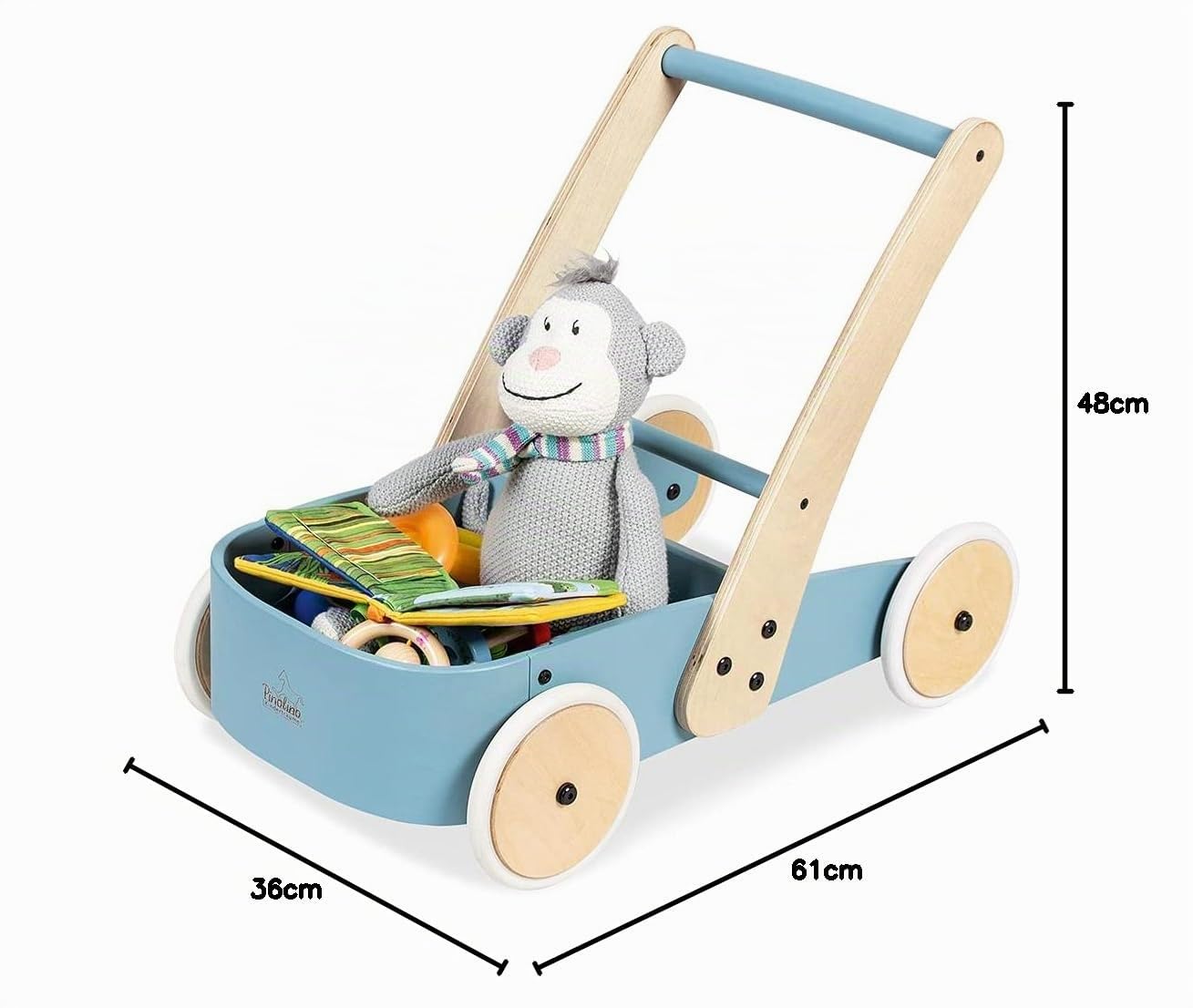 PINOLINO Lauflernwagen Fiete, Kinder Laufhilfe mit Bremssystem, gummierte Holzräder, Massivholz: Buche blau lackiert