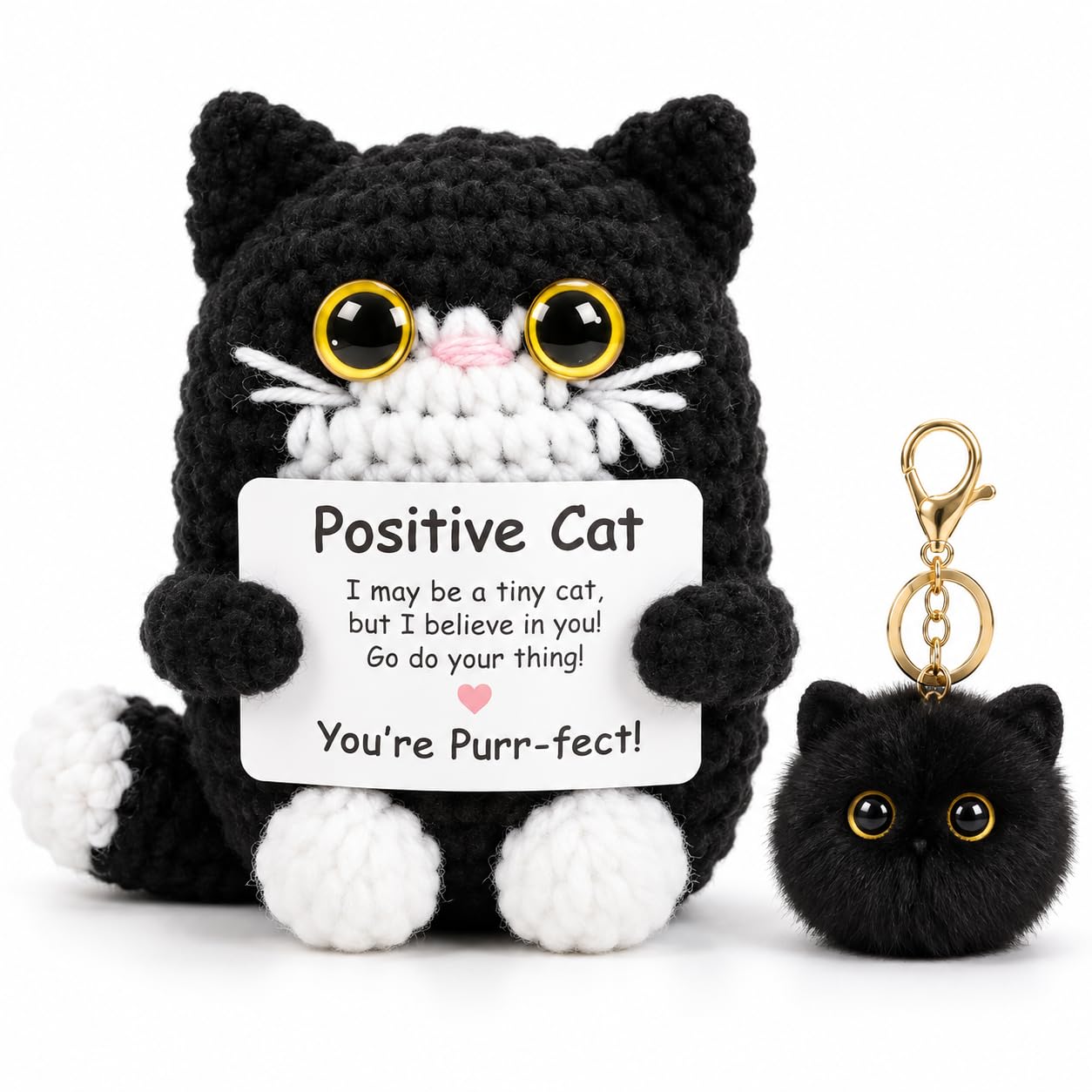 Black Crochet Cat Set, Positive Crochet Animals, 2-Piece Desktop Decor, Desktop Ornament For Cat Lovers, Office And Home Display, Compact Size For Shelf Decoration, Gift For Special Occasions