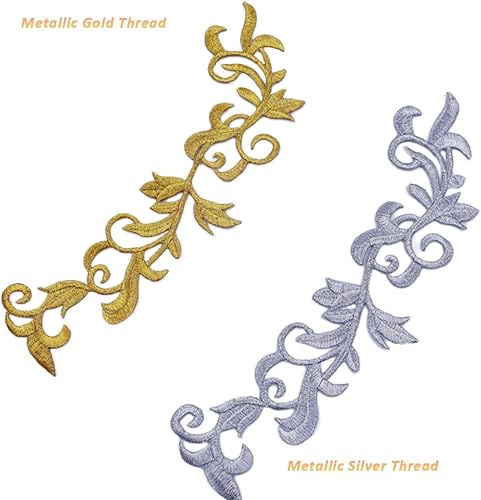 Miniatura 3 de 6 piezas de hojas metálicas bordadas para planchar con estampado de flores y vides, apliques de encaje, diseño largo de desplazamiento para vestido,