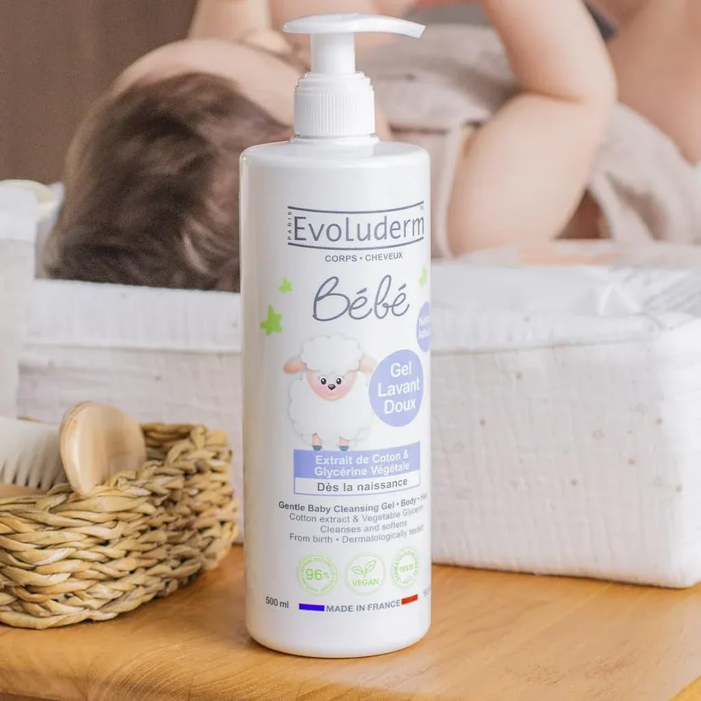 EVOLUDERM - Gel Lavant Doux Corps & Cheveux Bébé - 500 ml - 96% d'Origine Naturelle - Végan - Fabrication Française - Lot de 3 x 500 ml