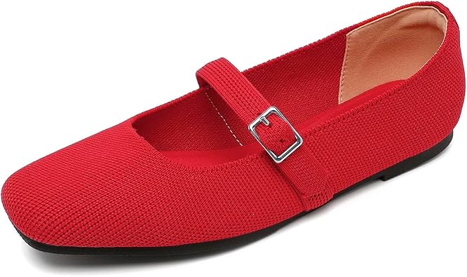 Mary Jane for Women Square Toe Knit Ballet Flats Ankle Strap Shoes