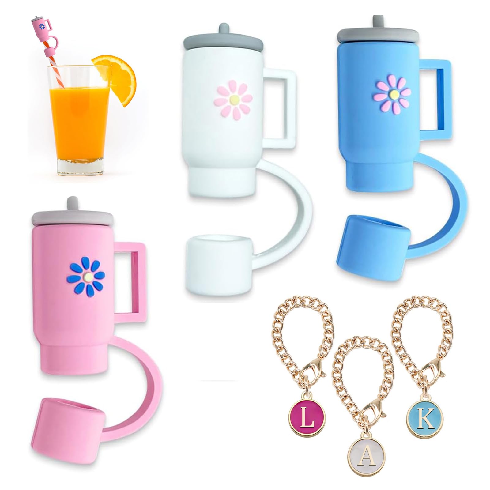 BBOSCH6PCS Stanley Cup Accessories,Straw Cover Cap Initial Personalized Letter Charms Reusable 10mm Flower Silicone Straw Tips Lids Protectors Stanley 30&40 Oz Tumblers, White, Powder, Blue