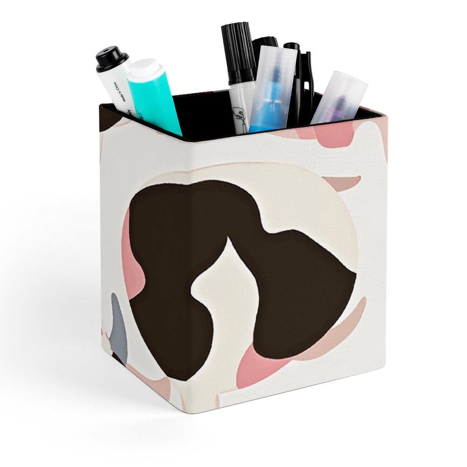 FekiLoot Cow Pattern Pencil Holder Square Leather Pen Holder Cup Modern Multi-Functional Pencil Cup Holder Decorative Desk Organizer Caddy Makeup Brush Holders for Desk Office
