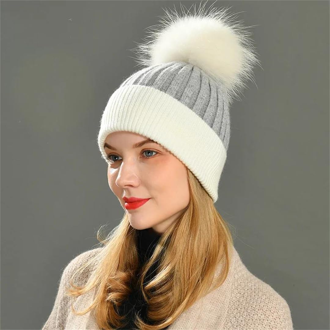 Wvapzxx Cappello Invernale Beanie Cappelli Con Pompon Di Pelliccia Donna Cashmere Lana Lavorato A Maglia Bonnet Palla Di Pelliccia Beanie Cap Grande Pompon Di Pelliccia