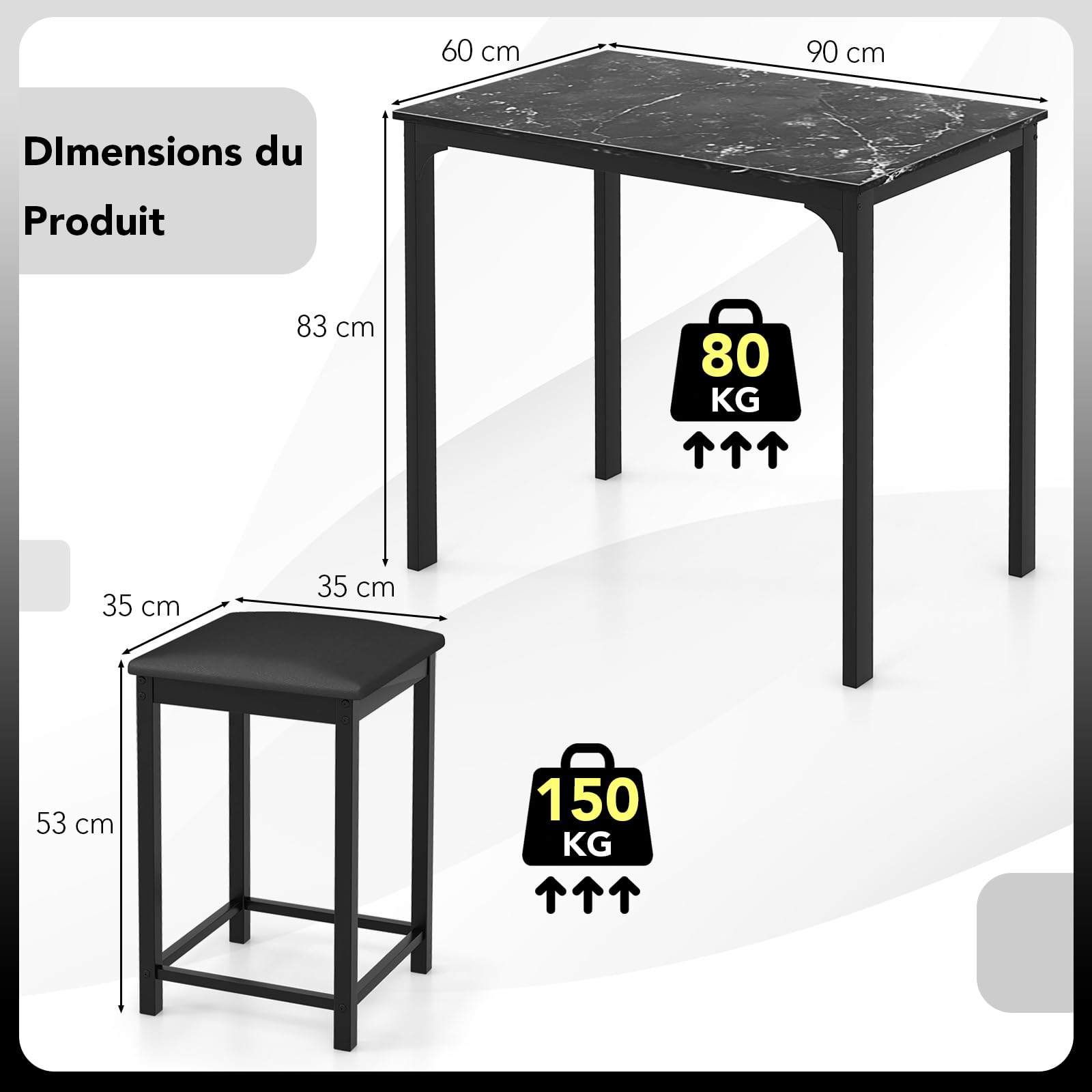 COSTWAY Table Haute Cuisine avec 2 Tabourets, Table Bar Cuisine, Cadre en Métal, Mange-Debout Industriel, Effect Marbre, pour Bistro, Salle à Manger