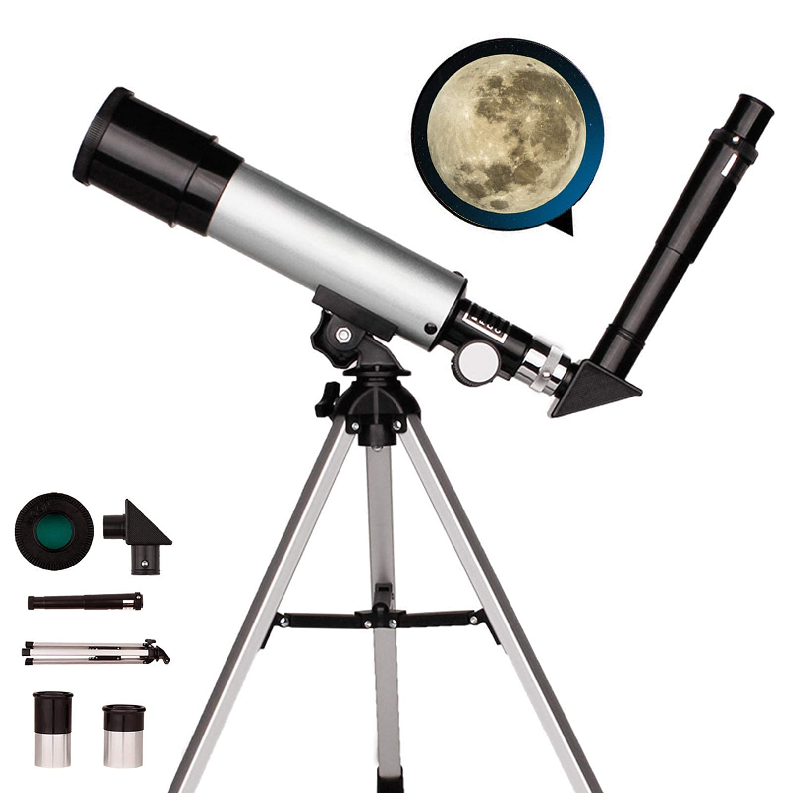 Teleskop astronomiczny dla dzieci, optyczne teleskopy refraktorowe z tubą 360/50 mm, luneta monokularowa dla początkujących dla dzieci na zewnątrz, ze statywem i celownikiem + przedłużacz