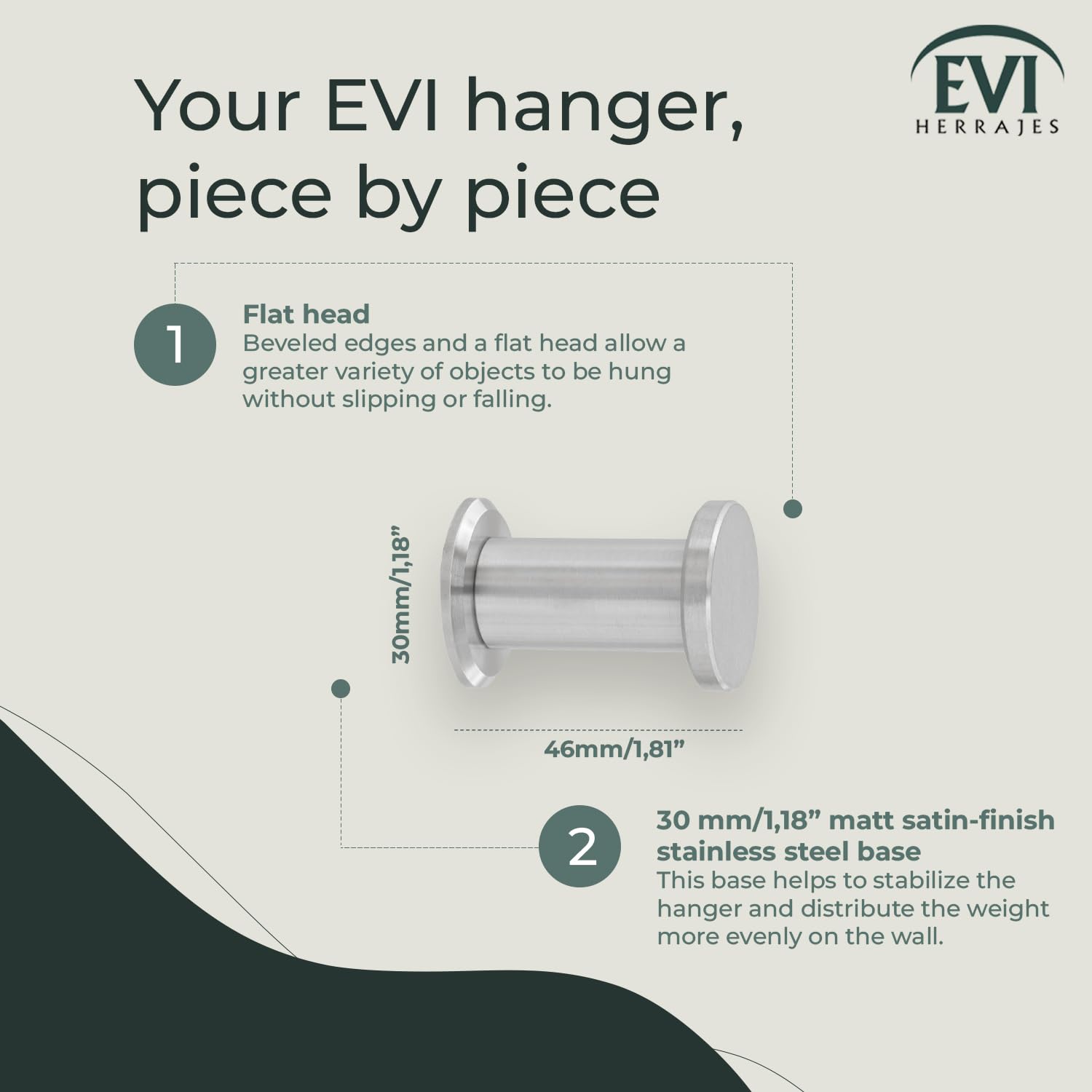 EVI Herrajes Bathroom Hanger, Matte Satin Stainless Steel, 44X30mm - Image 2