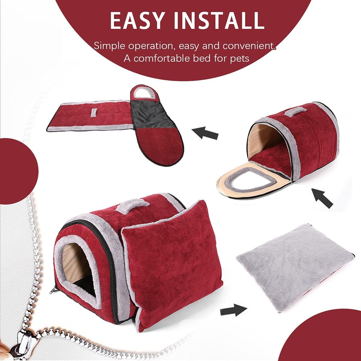 Fluffy's Luxurious 2-in-1 Foldable Pet House Ultra Soft Bed for Cat Dogs, Warm Portable Washable Indoor Puppy Kitten Beds Cave Tent Nest (S, Red) 2
