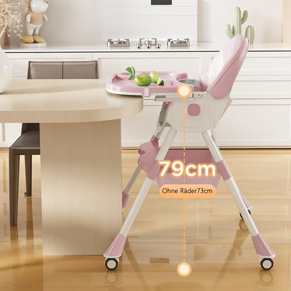 Chaise haute pour bébé 6 en 1 À partir de 6 mois Chaise haute avec ceinture de sécurité Pliable,réglable en hauteur, Amovible,avec roulettes,6 en 1,Rose