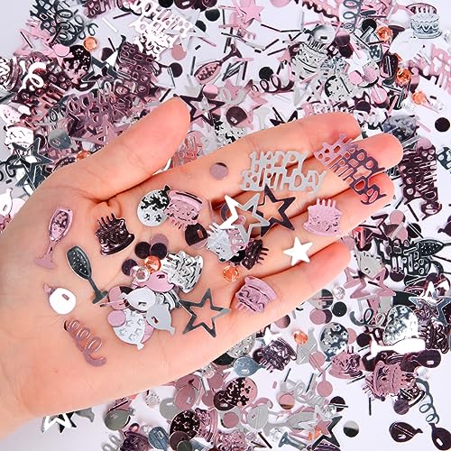 Image of OSDUE Pink Gold Silver Happy Birthday Confetti, 3000 Pieces Birthday Cake Metallic Foil Balloon Confetti, Table Scatter Confetti Decorations for Birthday /Wedding /Anniversary /Party Supplie