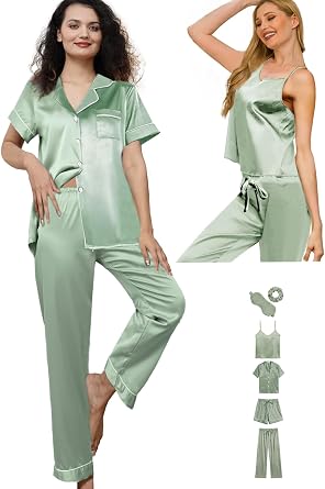 WJing Yi Jia 6Pcs Womens Silk Satin Pajama Sets Pj Sets Short Pjs Set Pajamas Sleepwear Camisole Sexy Cami