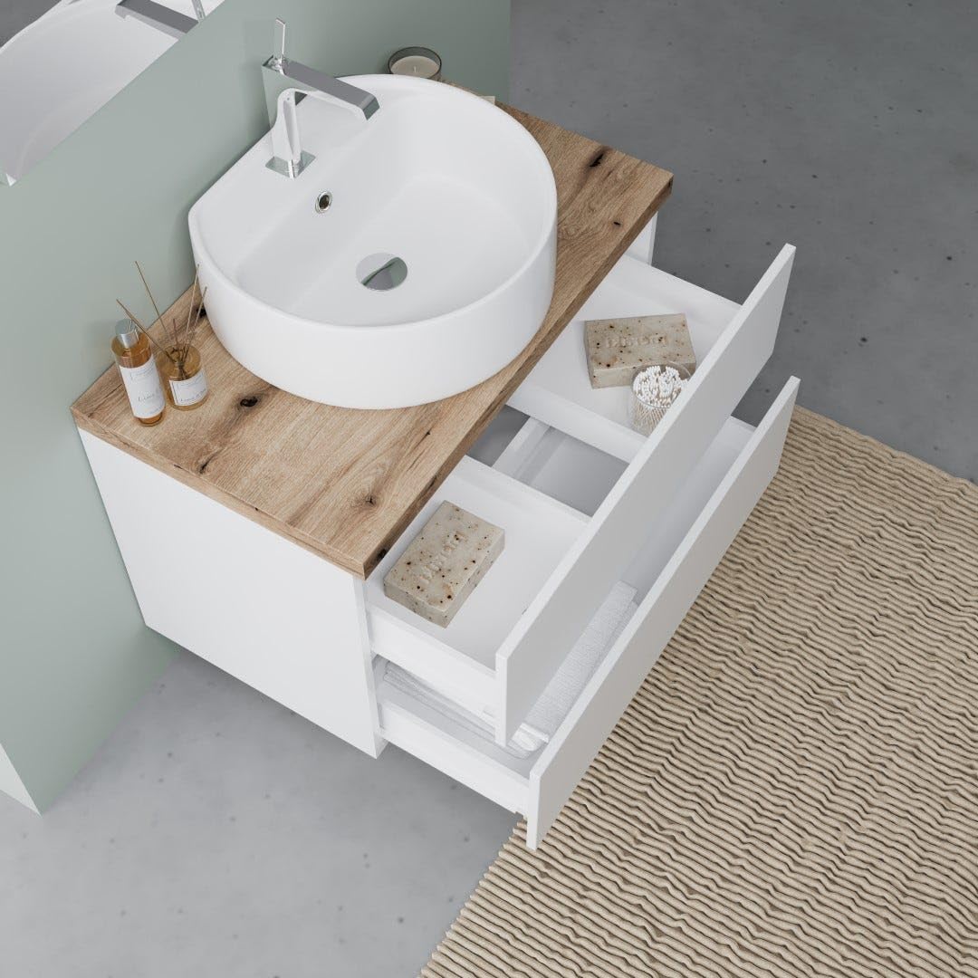 Kiamami Valentina - Mobile Bagno Sospeso 80Cm Bianco Lucido, Lavabo, Specchio 80X60 | Elba