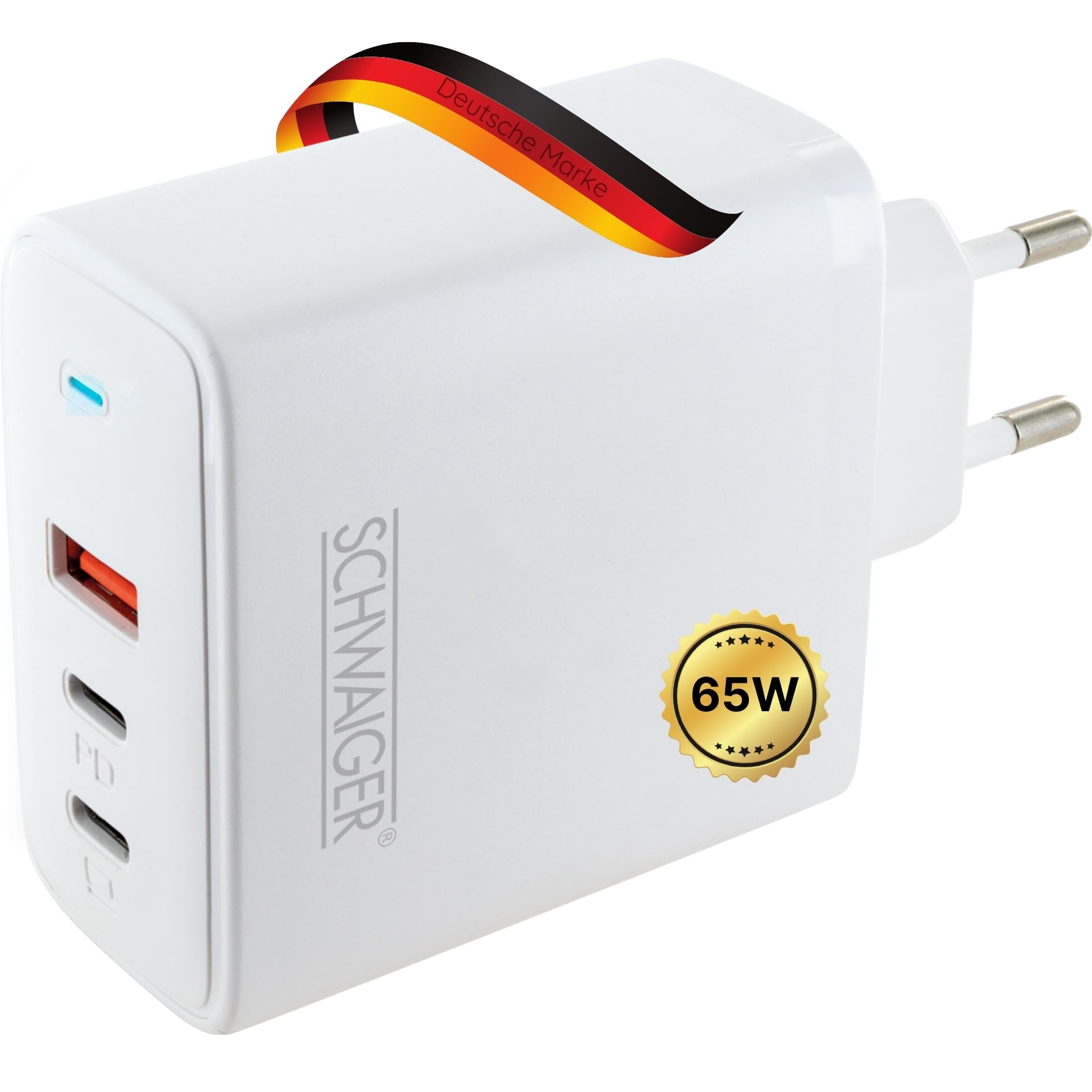 SCHWAIGER Schnell-Ladeadapter 65W USB-C & USB-A Ladegerät Netzteil mit Eurostecker Status LED