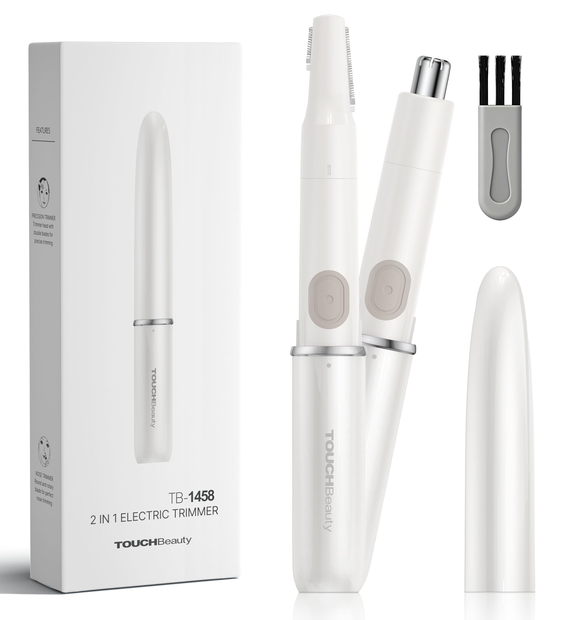 TOUCHBeauty Nose & Ear Hair Trimmer for Women Men, 2-in-1 Professional Eyebrow & Facial Hair Remover, Battery-Operated IPX6 Waterproof Portable
