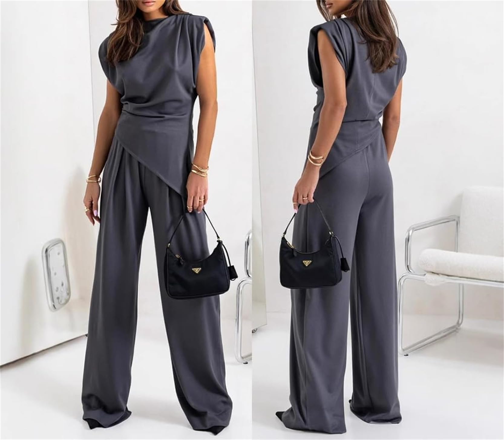 Ensemble d'affaires décontracté plissé sans manches à col rond pour femme - Haut irrégulier de couleur unie et pantalon taille haute