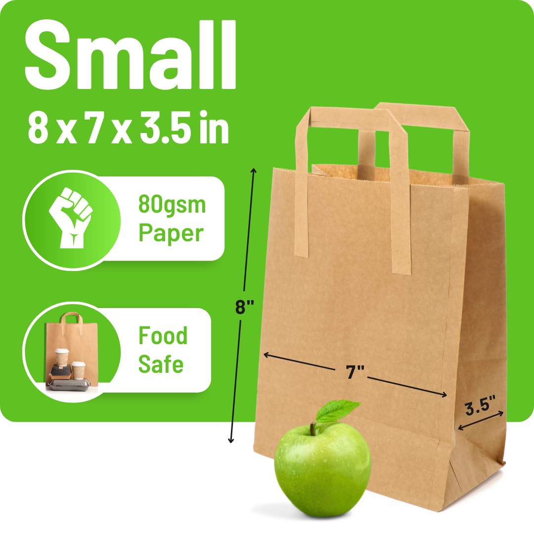 Brown Paper Bags with Handles - Small 8 x 7 x 3.5", 50 Pack, 80gsm Kraft Material, Takeaway Lunch Grocery Shopping Gift Party - Image 2