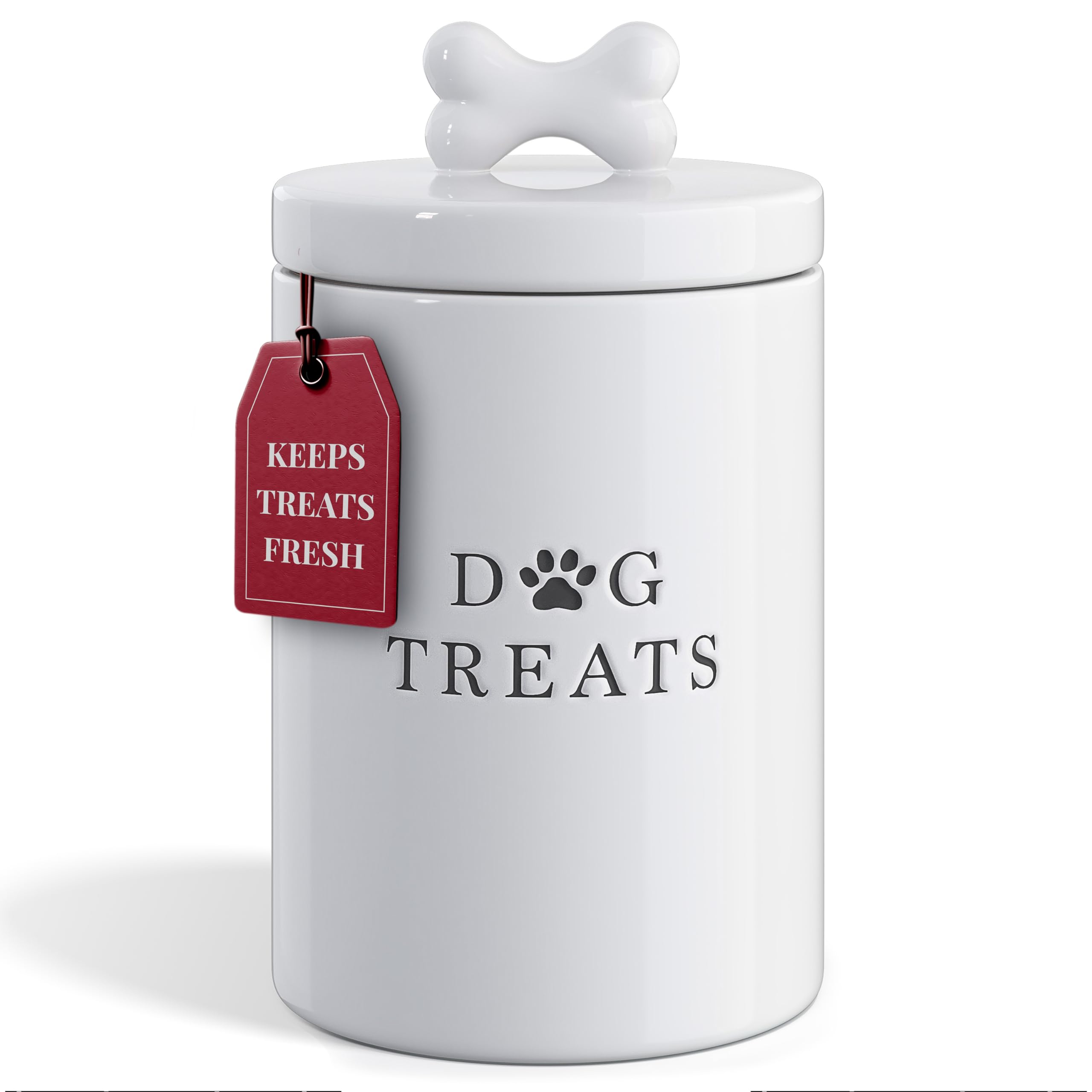 Barnyard Designs Large Dog Treat Container Airtight with Lid, Cute Dog Treat Jar, Rustic Dog Treat Storage Container, Ceramic Dog Treat Jar for Kitchen Counter (White)