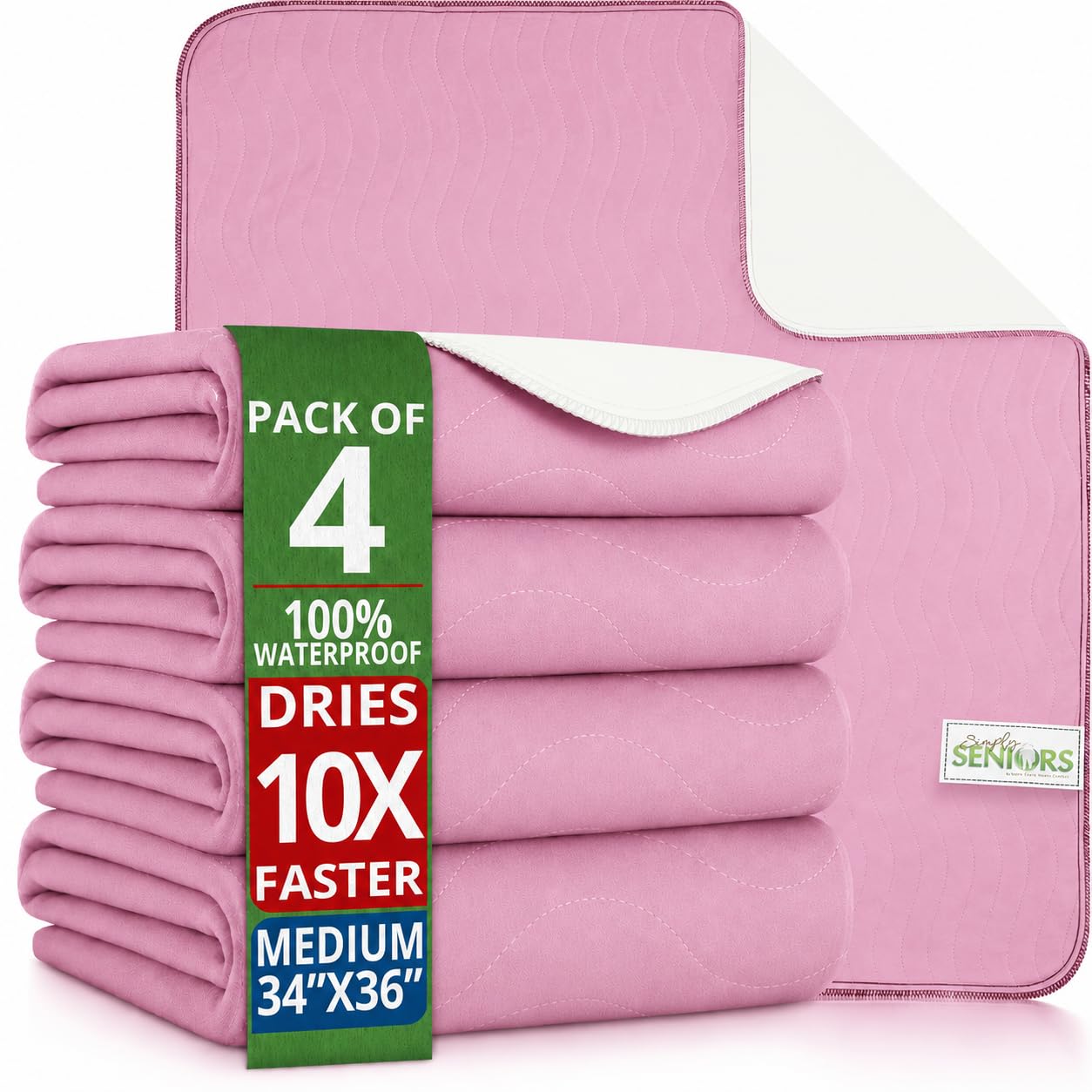 Bed Pads Washable Waterproof 34"x36"- Pack of 4 Pink Incontinence Bed Pads