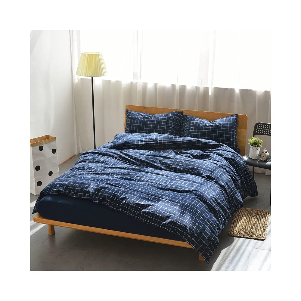 F.Y.Dreams 100% Washed Cotton Duvet Cover for Weighted Blanket 60x80 inches with 8 Ties, Zipper on Long Side/Navy Grid/Just Duvet Cover
