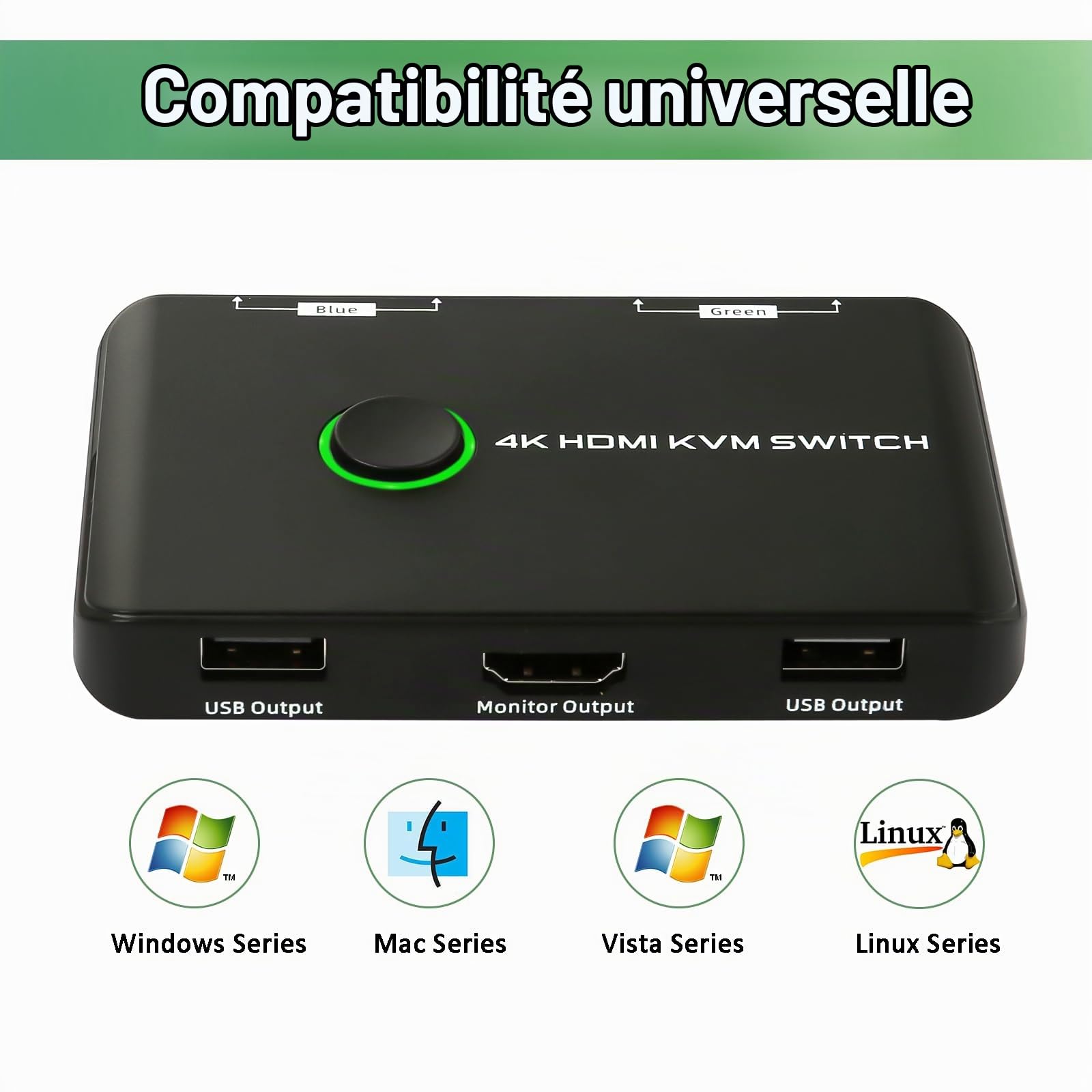 4K@60Hz Commutateur KVM Switch HDMI 2 Port, Switch KVM pour brancher 2 PC sur 1 écran & 2 périphériques USB, avec 2 câbles USB et 2 câbles HDMI