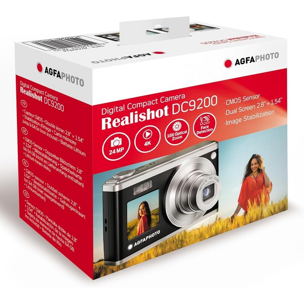 AGFA PHOTO Realishot DC9200 - Fotocamera Digitale Compatta, 24 MP, Video 4K, Zoom Ottico 10x, Schermo Doppio 2,8" + 1,54", Sensore CMOS, Stabilizzazione Immagine, Batteria al Litio - Nero