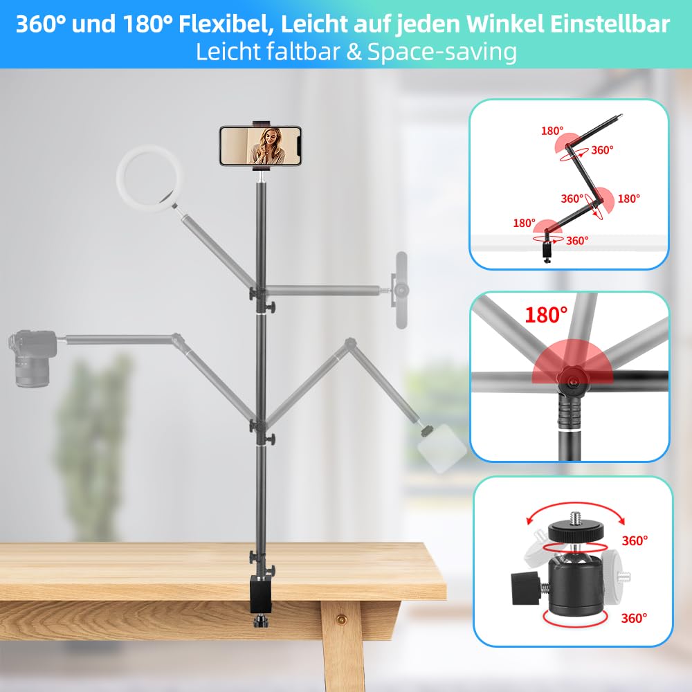 MS05 Kamera Tischstativ Overhead Stativ mit 1/4" Kugelkopf, Klemmstativ Flexibel Gelenkarm Tisch Halterung für Kamera, Ringlicht, Webcam, Projektor, Max. Belastung 3 kg