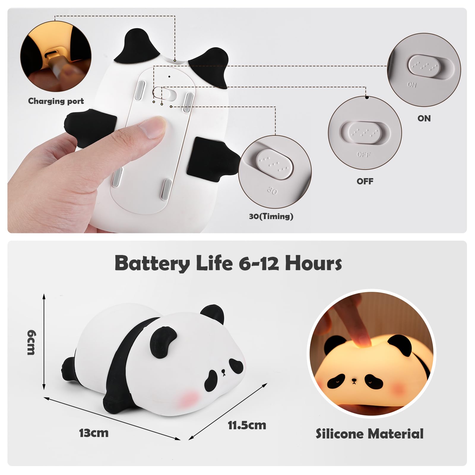 Comius Sharp Panda Luz Nocturna Infantil, Adorable Lampara Bebe Noche, Lampara De Mesita De Noche De Silicona Suave Con Sensor Tactil, Decoracion De Escritorio De Habitacion Regalo De Cumpleaños