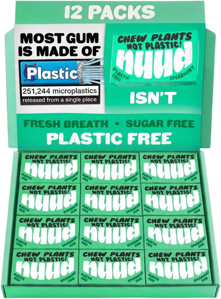 Plastic Free Chewing Gum | Plant Based | Aspartame Free | Xylitol | Biodegradable | Sugar Free Chewing Gum | 12 Packs of 9 Pieces (Spearmint)