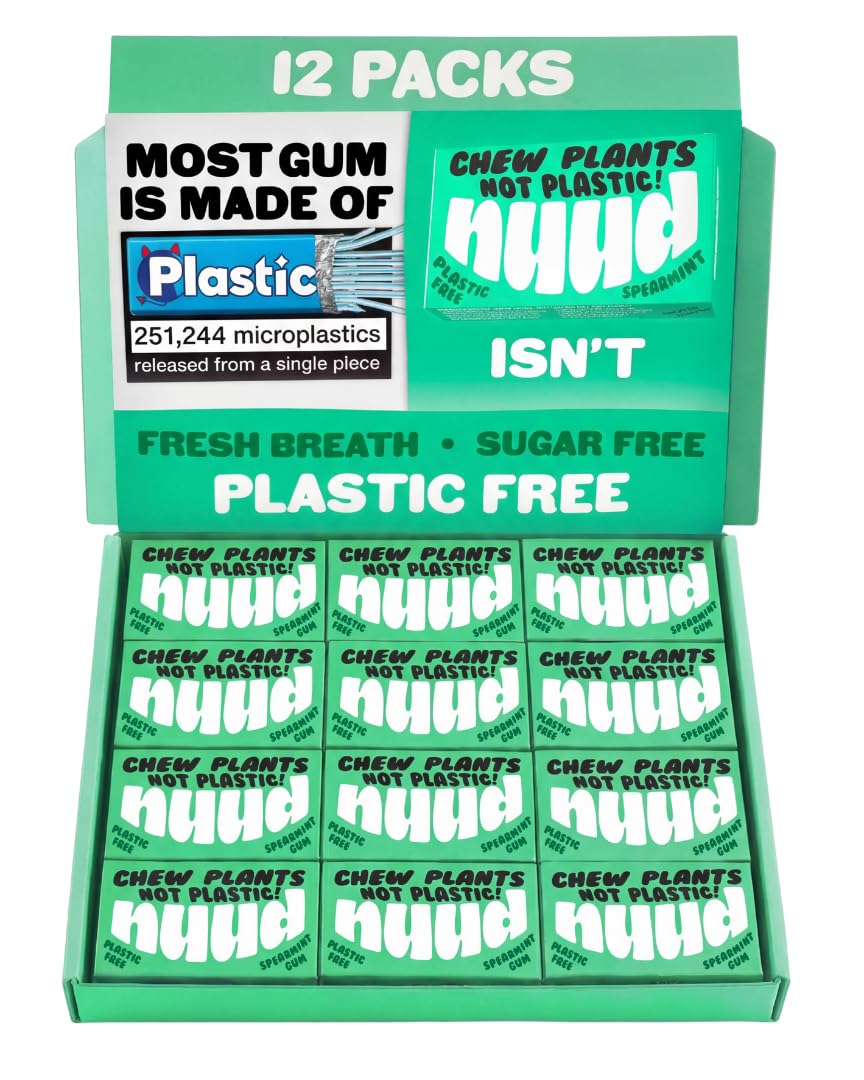 Nuud Plastic Free Chewing Gum | Plant Based | Aspartame Free | Xylitol | Biodegradable | Sugar Free Chewing Gum | 12 Packs of 9 Pieces (Spearmint)