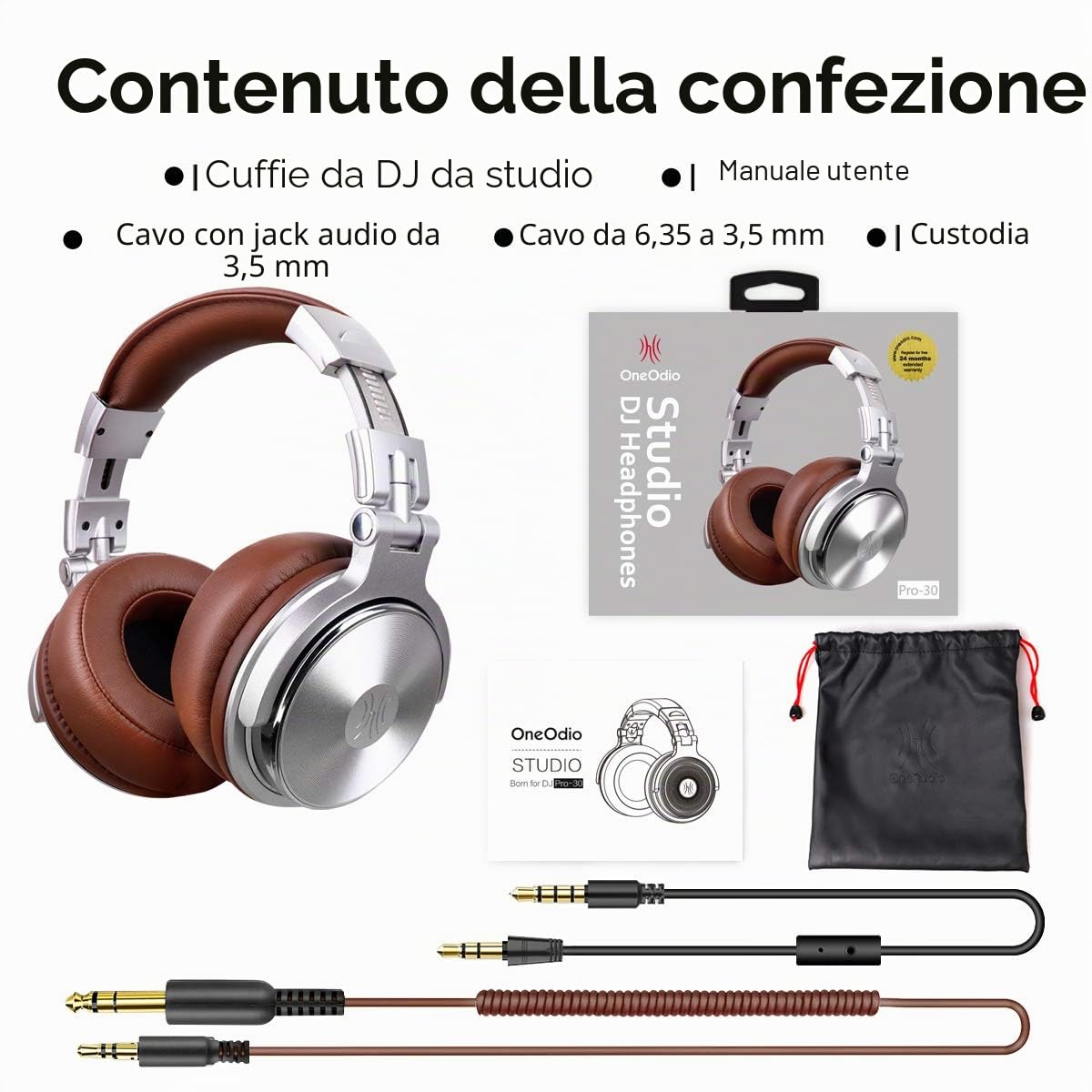 OneOdio DJ - Cuffie da studio, cuffie over-ear con microfono, adattatore senza chiusura, jack da 6,3 mm e 3,5 mm, alloggiamento girevole a 90°, unità driver da 50 mm, auricolari protettivi in pelle…