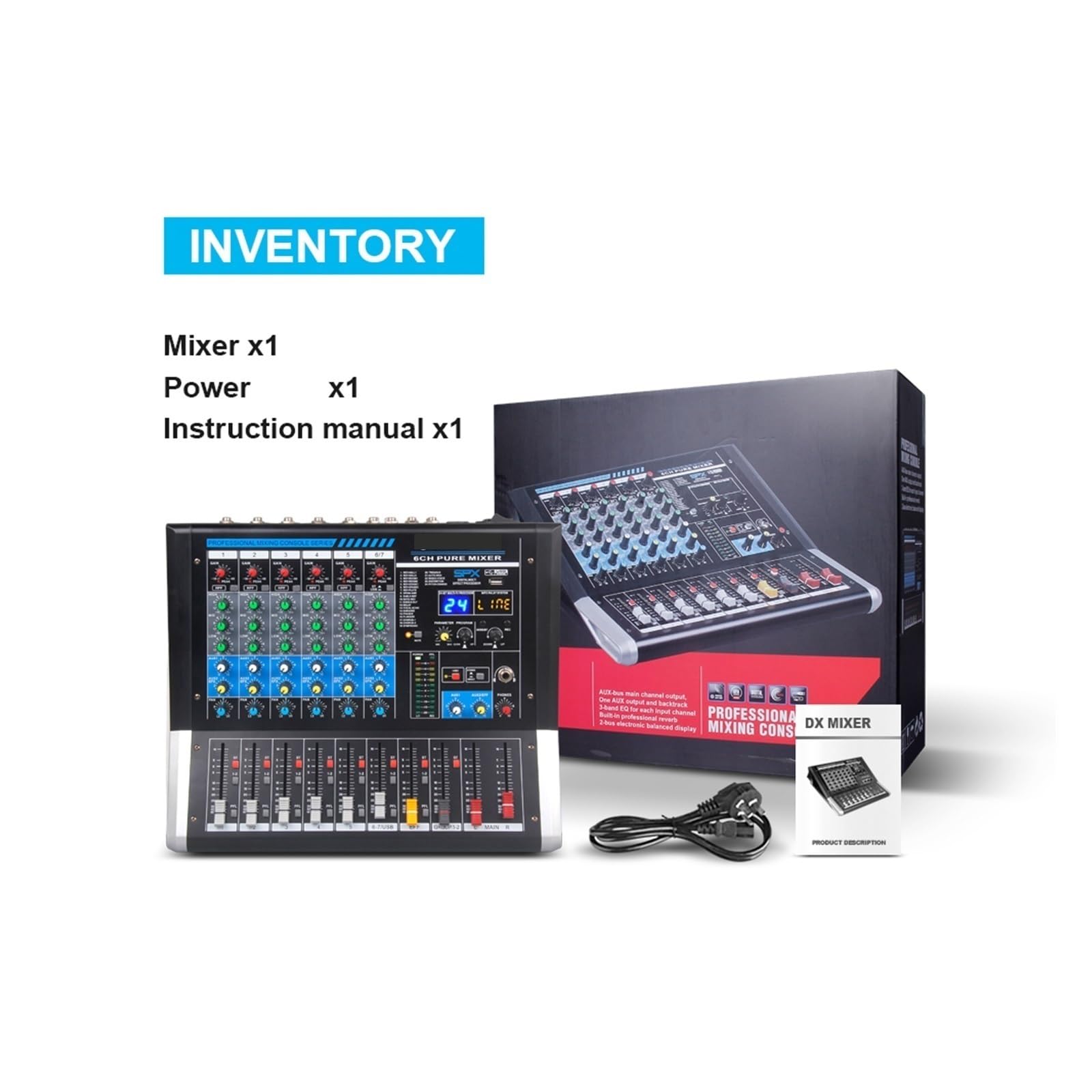 Audiomixer Dj-Mixer Soundboard, 6-Kanal-Mixer DJ-Controller-Soundkarte mit 24 DSP-Effekt USB Bluetooth for DJ-Aufnahmestudio Klarer Klang, Einfache Bedienung