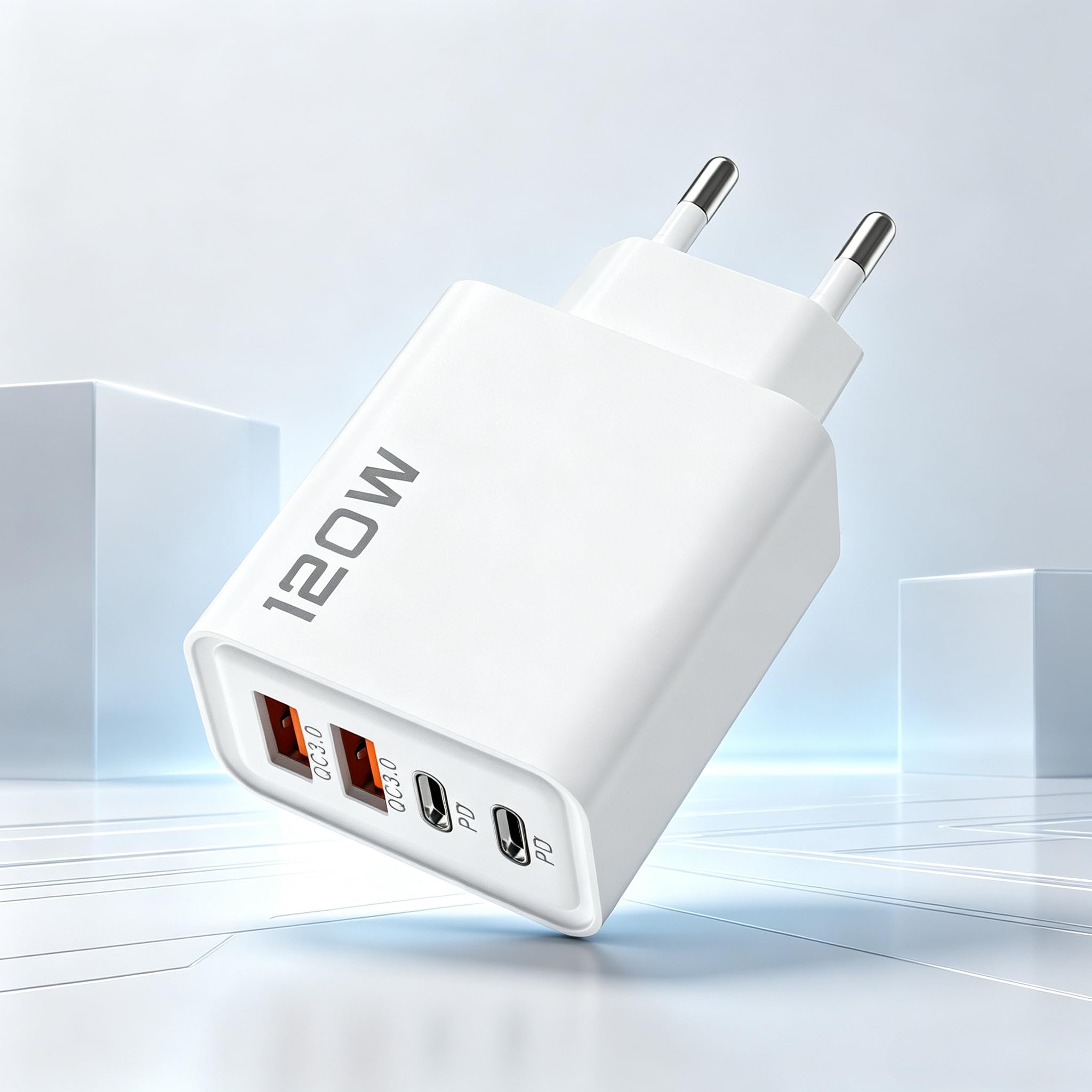 120W Multi-Device Wall Charger 4 Ports USB-C USB-A Fast Charging Adapter,EU | Compact Smart Power Charger Compatible for iPhone Android for Home Travel