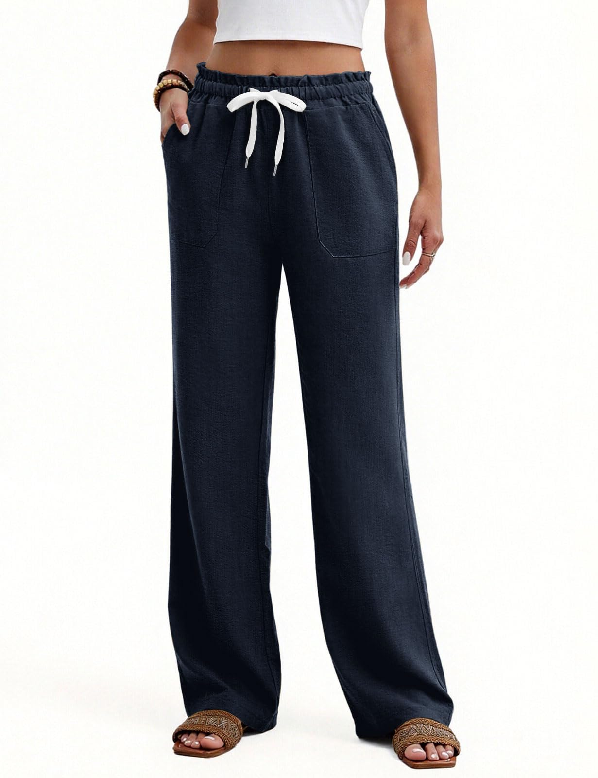 heekpek Hose Damen Sommer High Waist Hosen Elegant Locker Sommerhose Leicht Freizeithose Lang Strandhose Gerade Geschnitten Dünne Damenhose mit Taschen